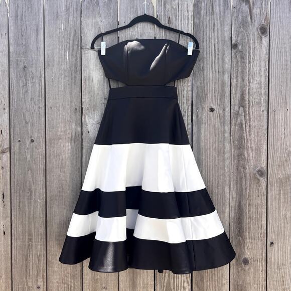 Alexis | Simona Strapless Satin A-Line Cutout Dress Black White Size XS - Picture 3 of 11